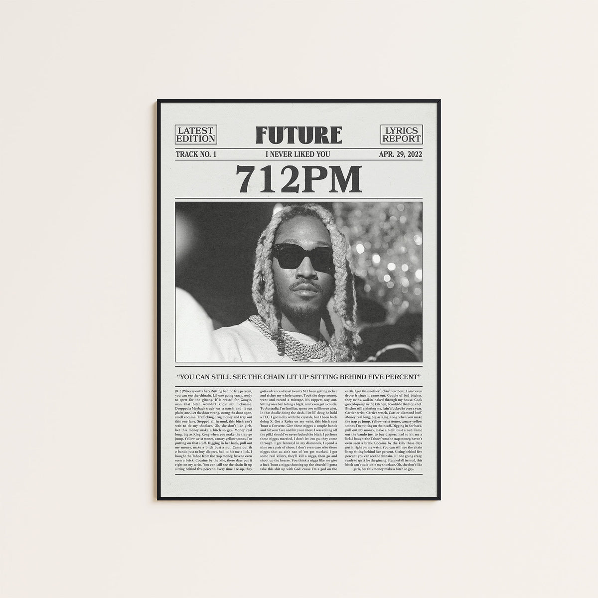 Future 712PM newspaper poster — black frame display