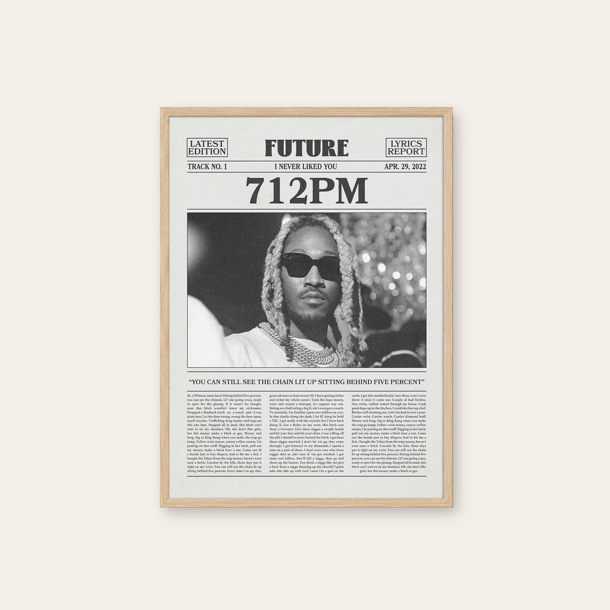 Future 712PM newspaper poster — natural wood frame