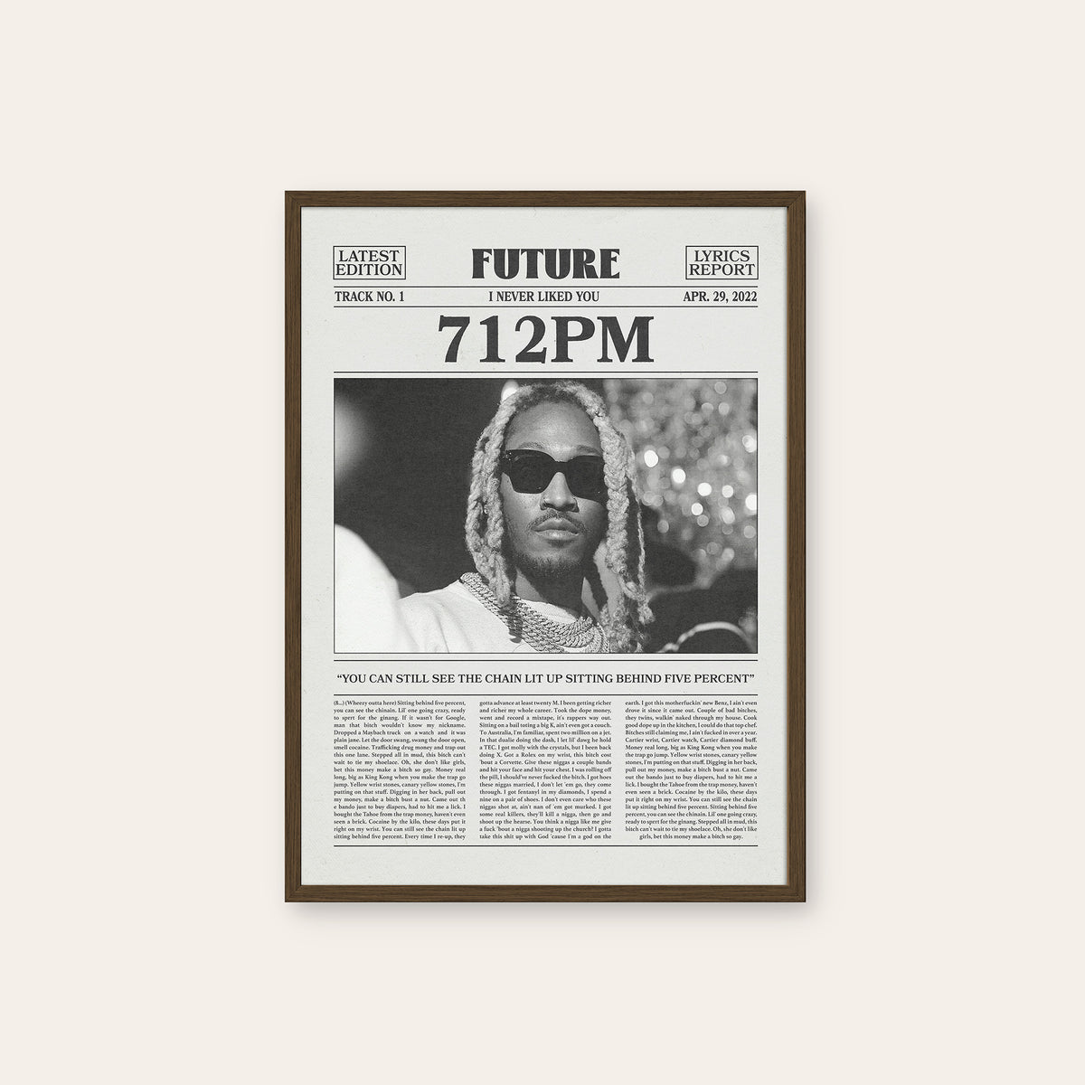 Future 712PM newspaper poster — dark wood frame