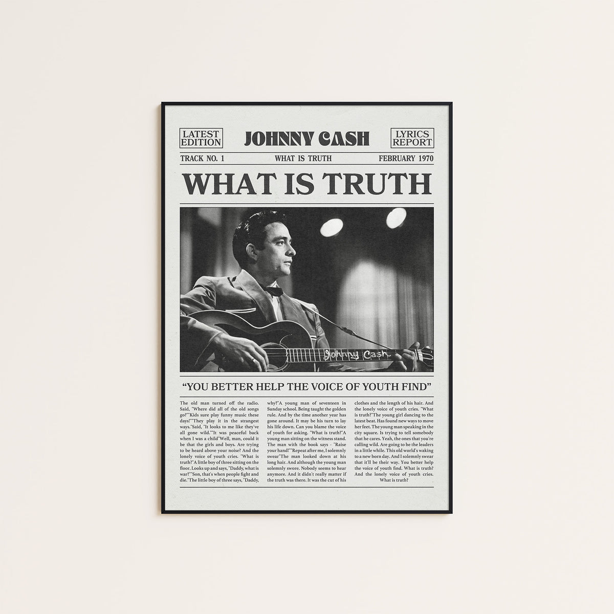 Johnny Cash What Is Truth newspaper poster — black frame display