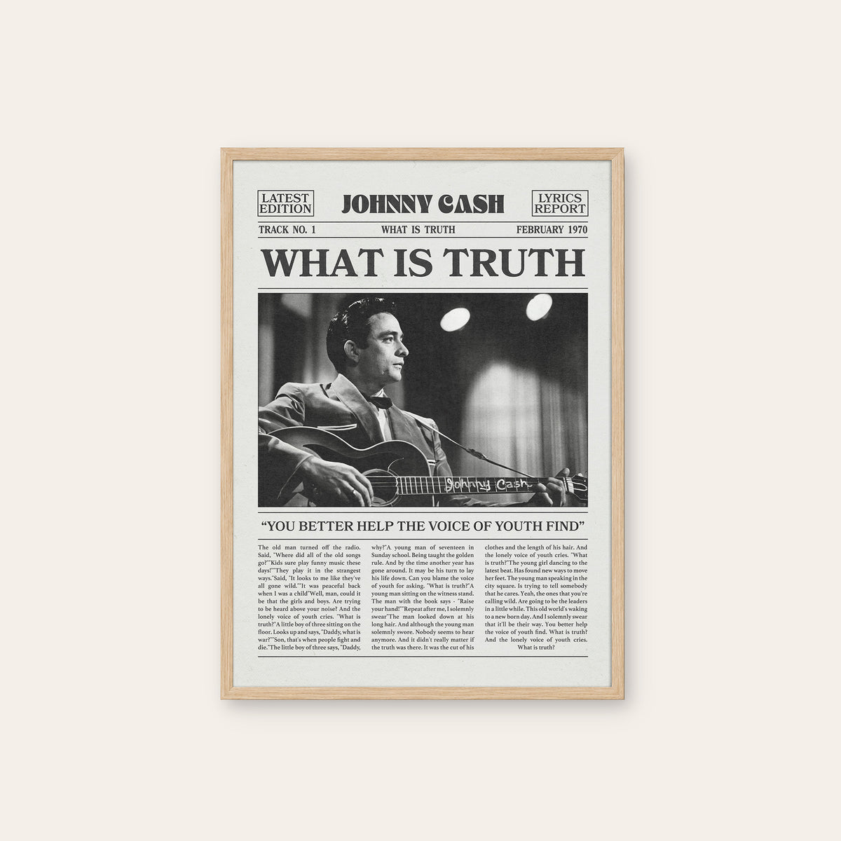 Johnny Cash What Is Truth newspaper poster — natural wood frame
