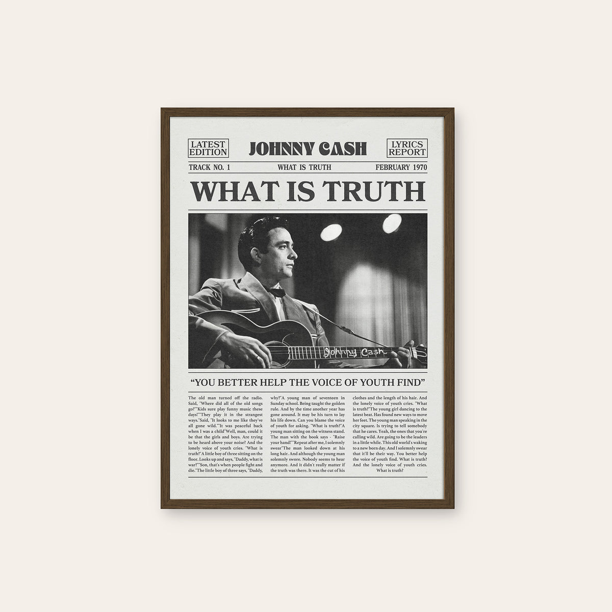 Johnny Cash What Is Truth newspaper poster — dark wood frame