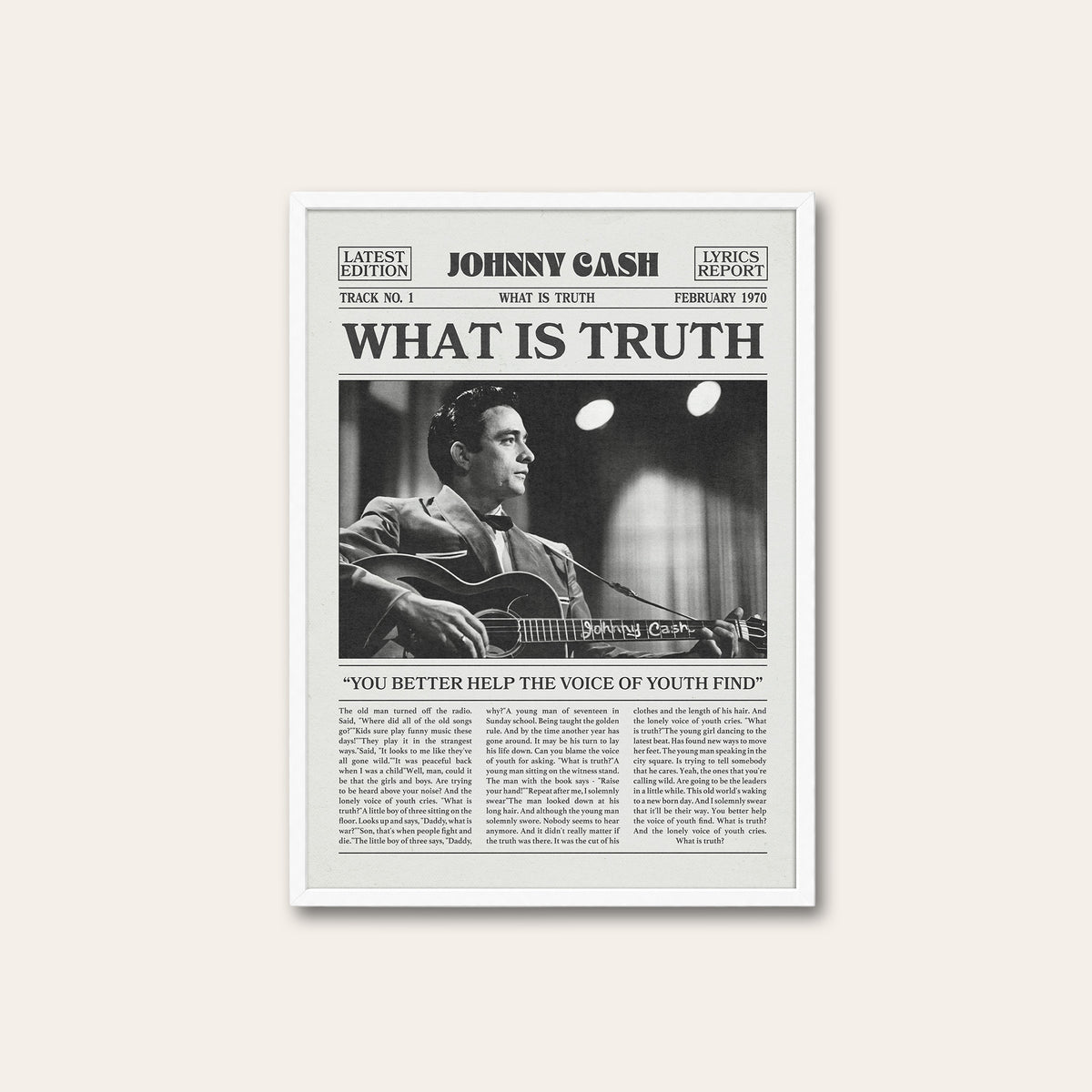 Johnny Cash What Is Truth newspaper poster — white frame
