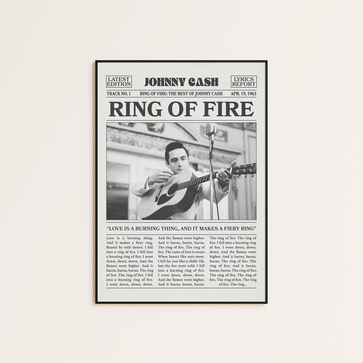 Johnny Cash Ring of Fire newspaper poster — black frame display