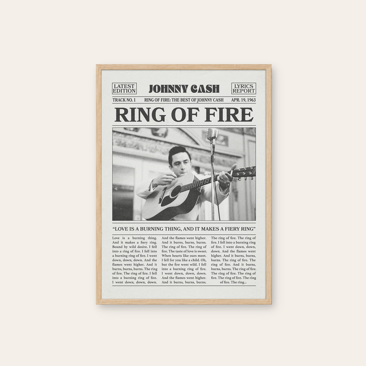 Johnny Cash Ring of Fire newspaper poster — natural wood frame