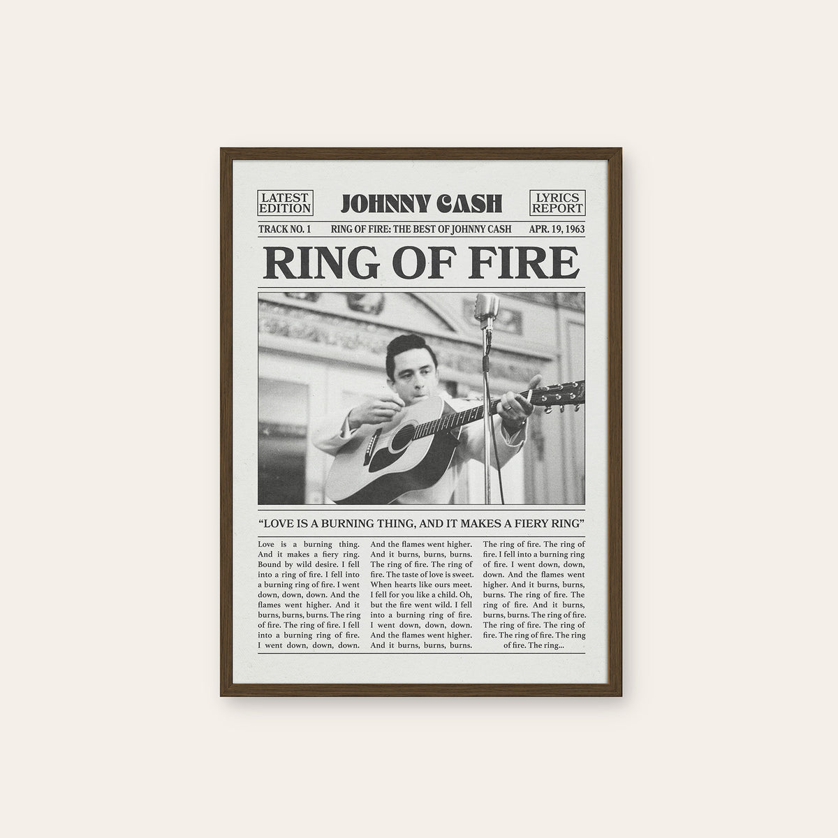 Johnny Cash Ring of Fire newspaper poster — dark wood frame