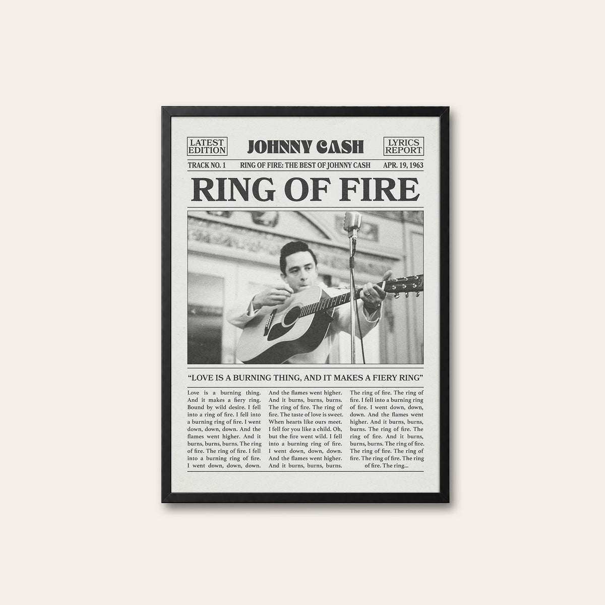 Johnny Cash Ring of Fire newspaper poster — black frame