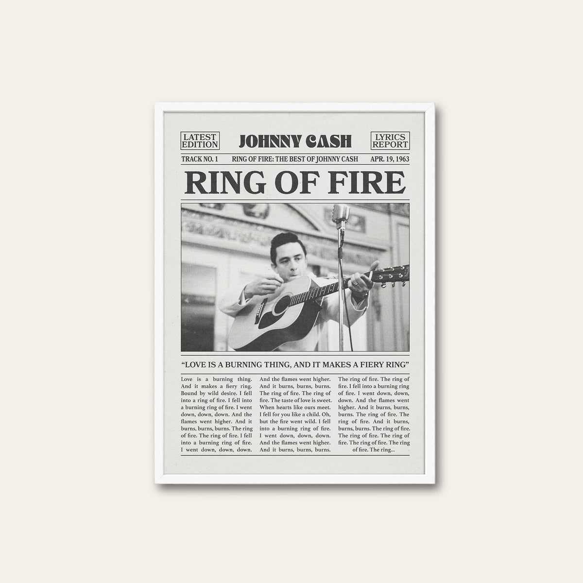 Johnny Cash Ring of Fire newspaper poster — white frame