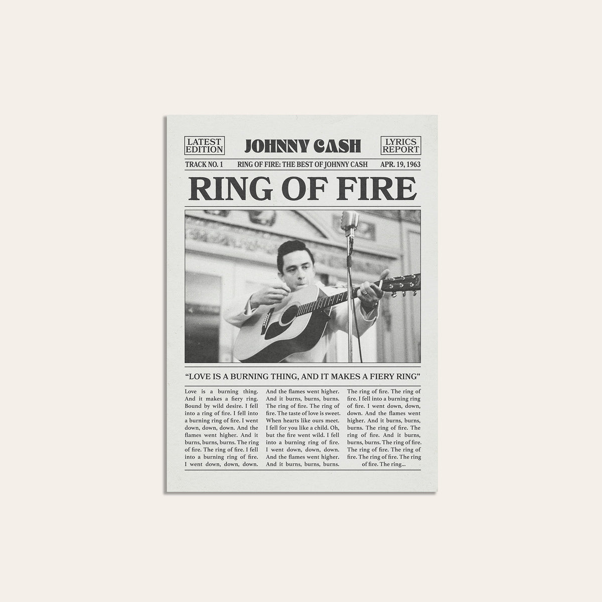 Johnny Cash Ring of Fire newspaper poster — unframed print