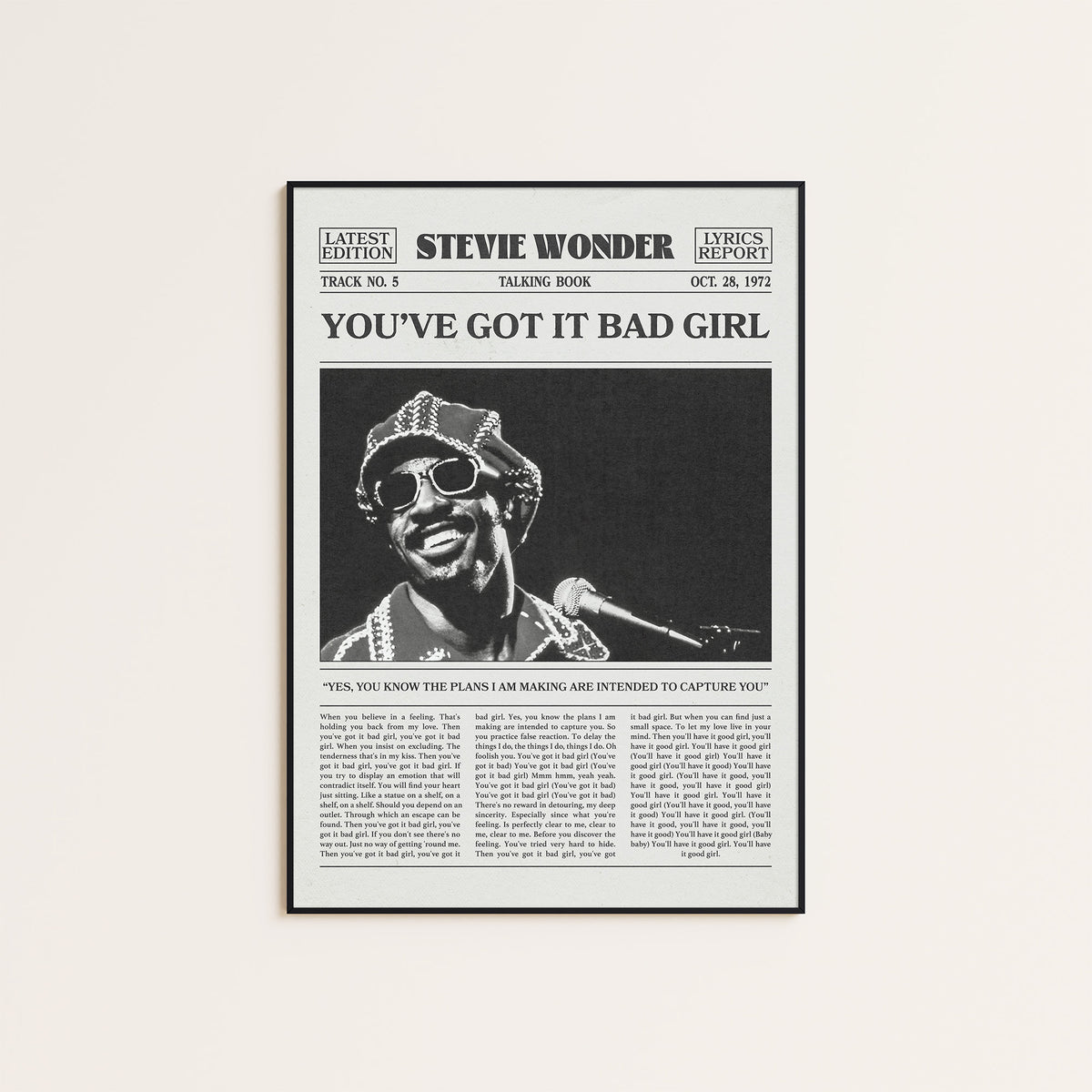 Stevie Wonder You've Got It Bad Girl newspaper poster — black frame display