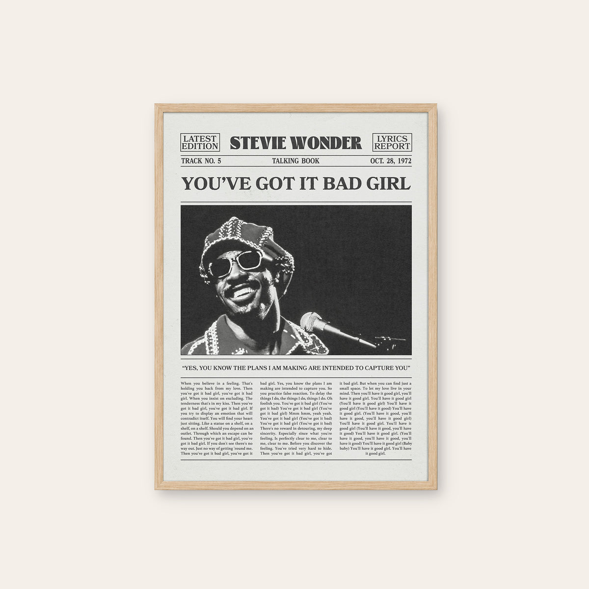 Stevie Wonder You've Got It Bad Girl newspaper poster — natural wood frame