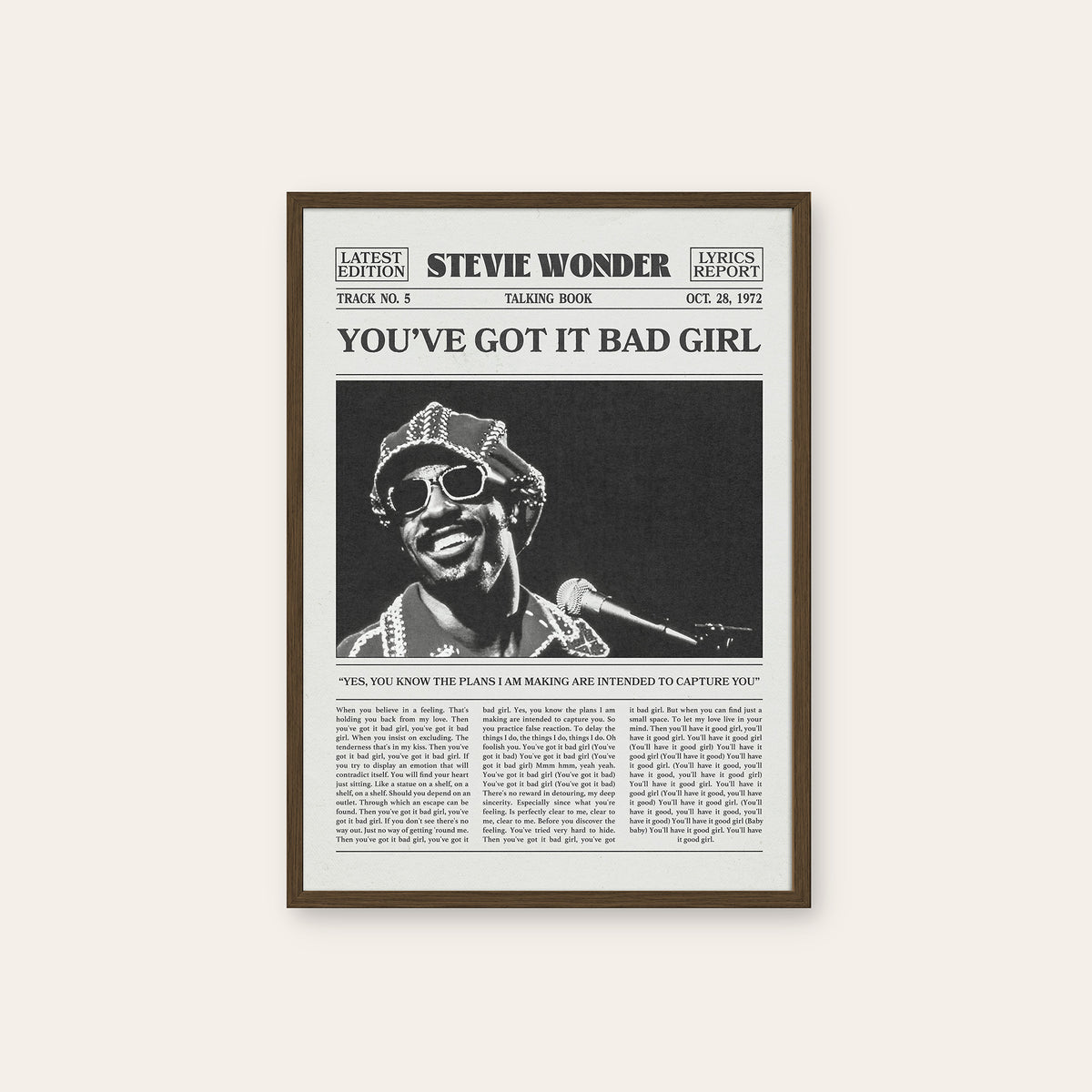 Stevie Wonder You've Got It Bad Girl newspaper poster — dark wood frame