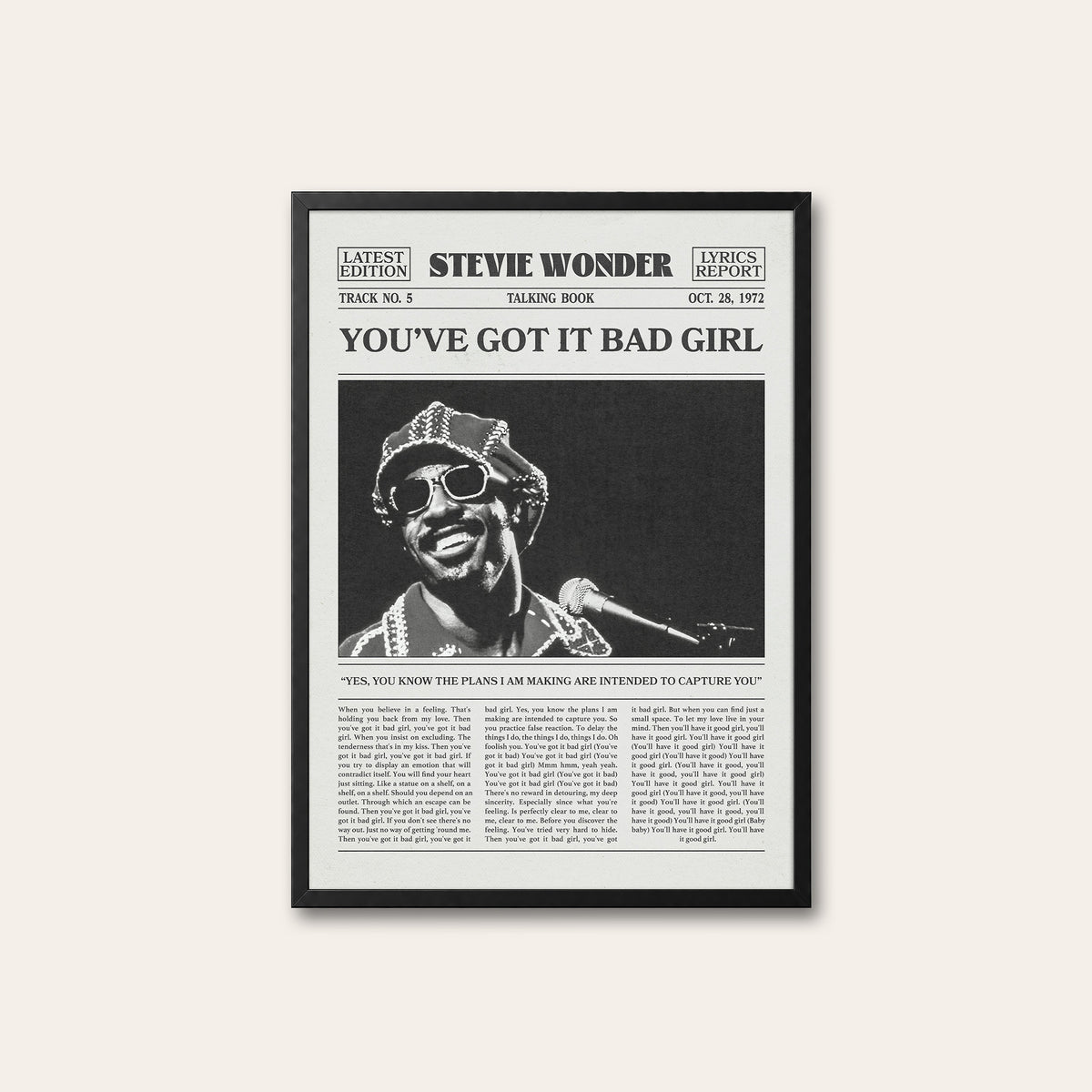 Stevie Wonder You've Got It Bad Girl newspaper poster — black frame
