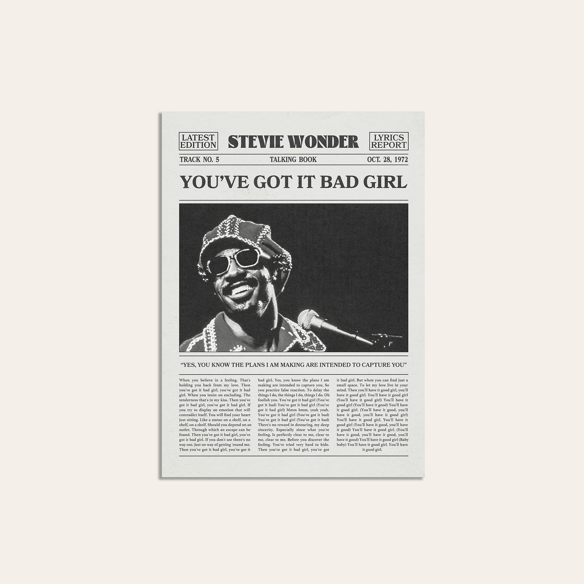 Stevie Wonder You've Got It Bad Girl newspaper poster — unframed print