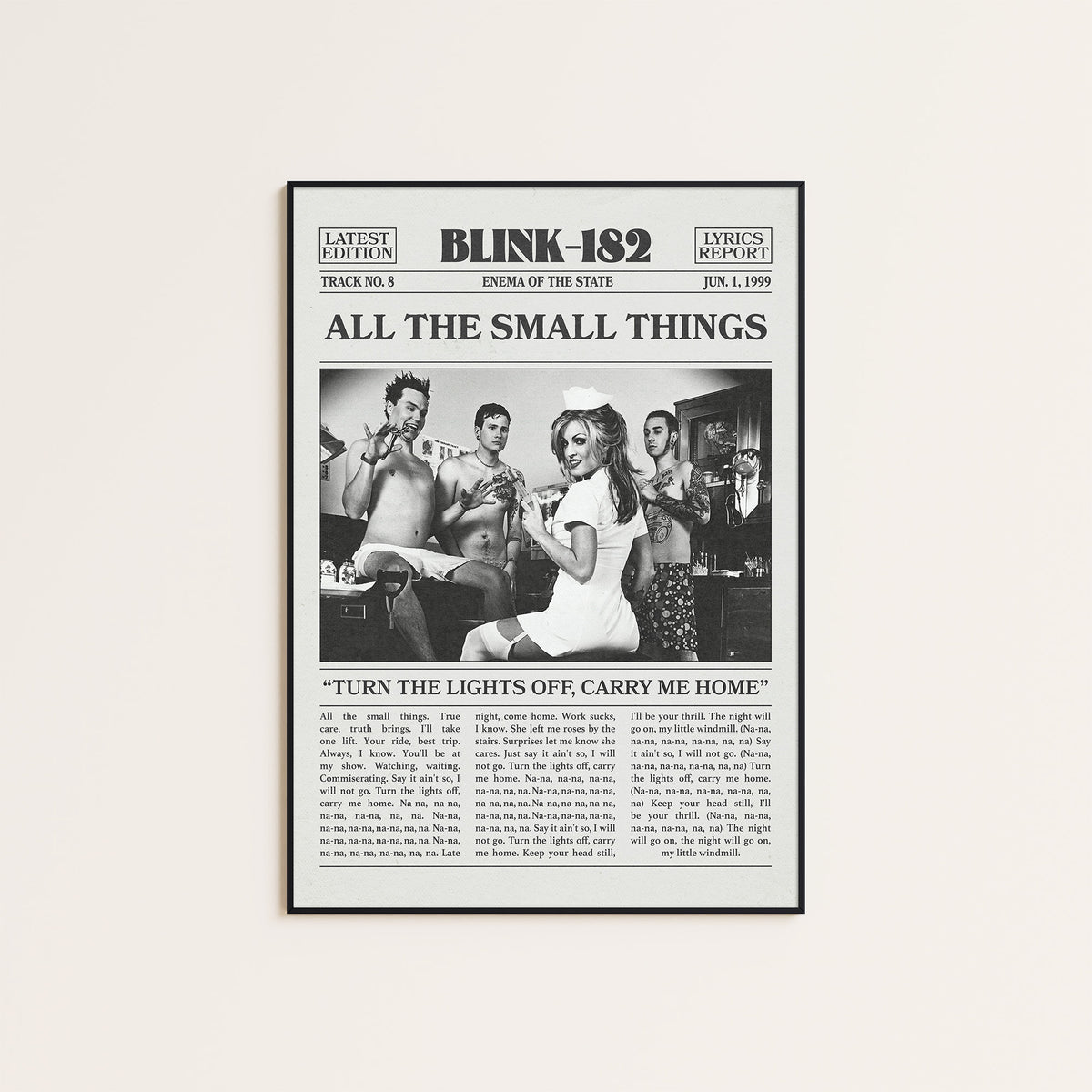Blink-182 All the Small Things newspaper poster — black frame display