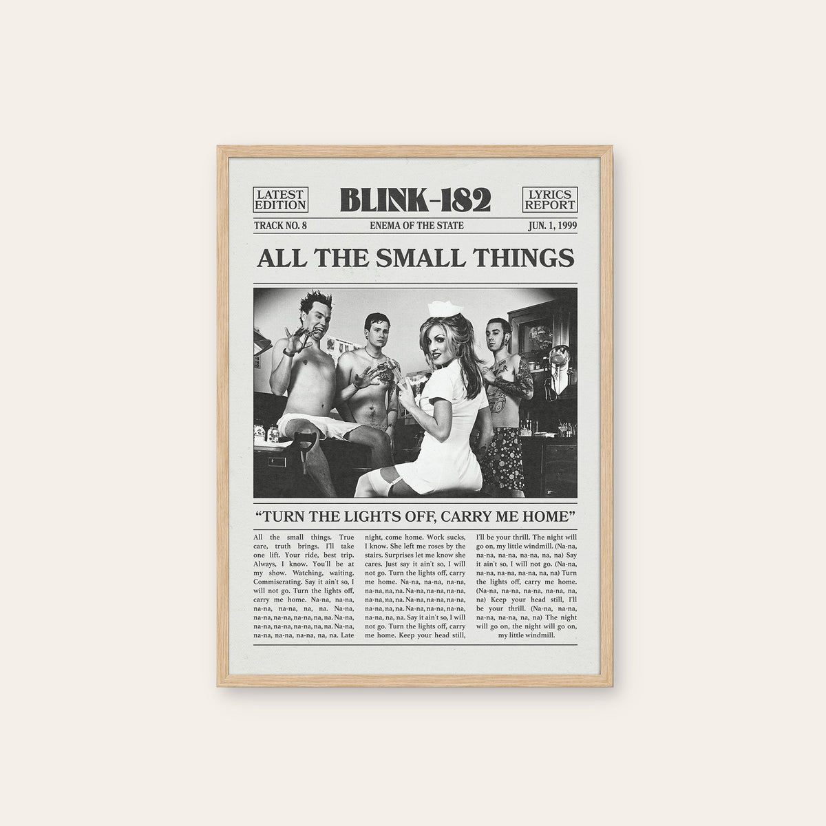 Blink-182 All the Small Things newspaper poster — natural wood frame