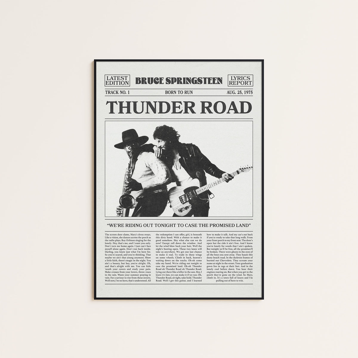 Bruce Springsteen Thunder Road newspaper poster — black frame display