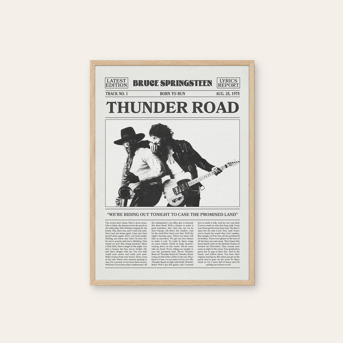Bruce Springsteen Thunder Road newspaper poster — natural wood frame