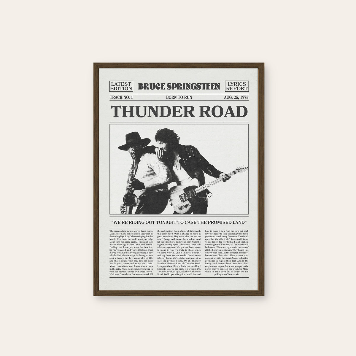 Bruce Springsteen Thunder Road newspaper poster — dark wood frame