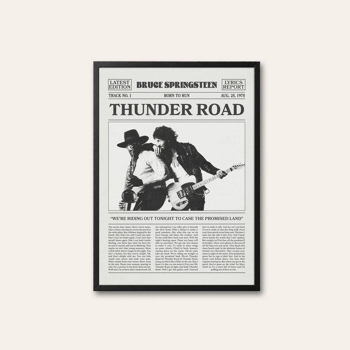Bruce Springsteen Thunder Road newspaper poster — black frame
