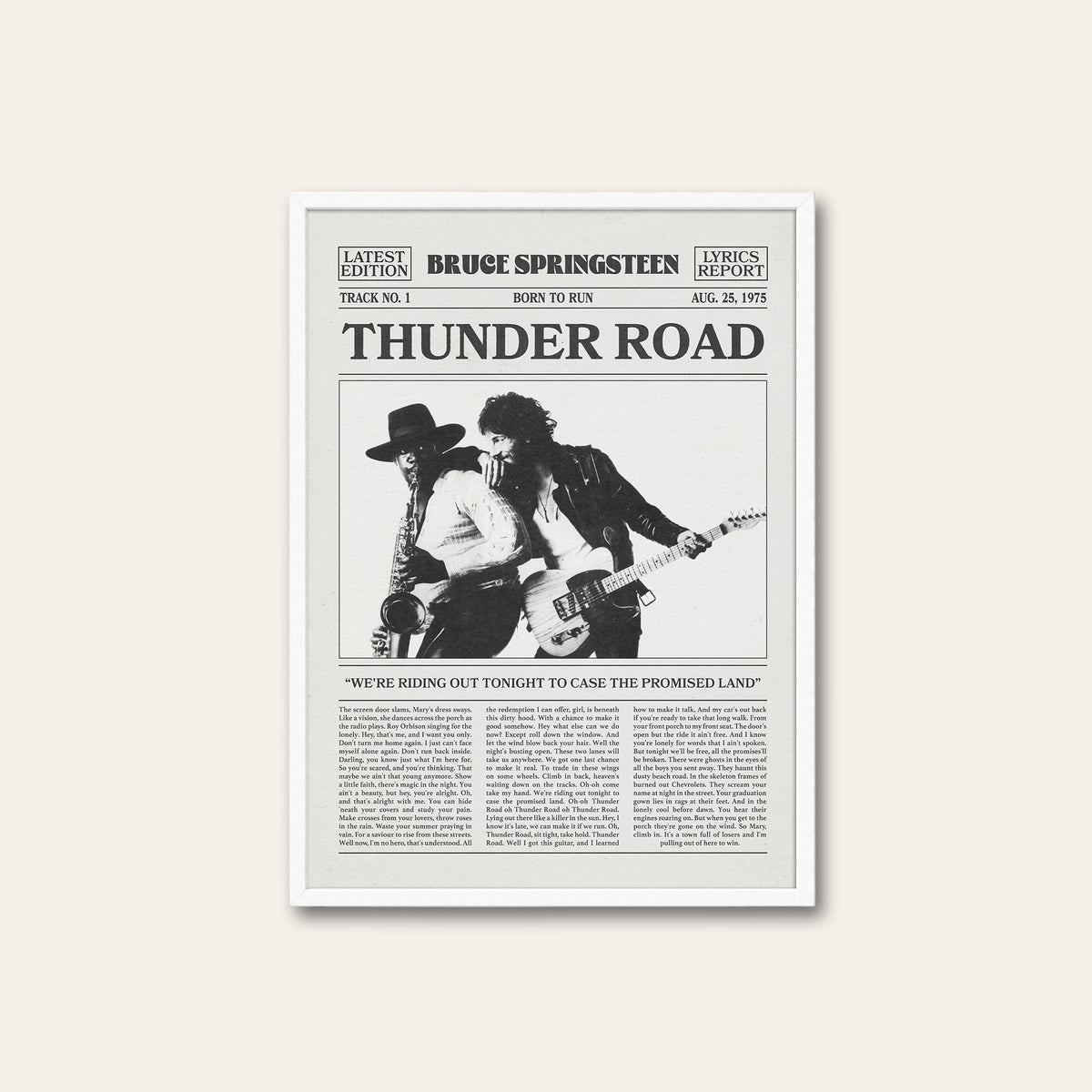 Bruce Springsteen Thunder Road newspaper poster — white frame