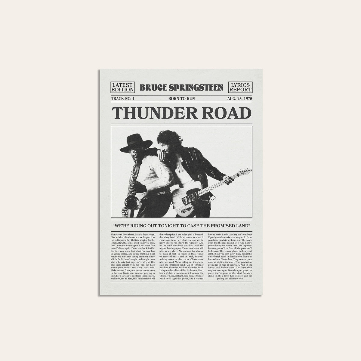 Bruce Springsteen Thunder Road newspaper poster — unframed print
