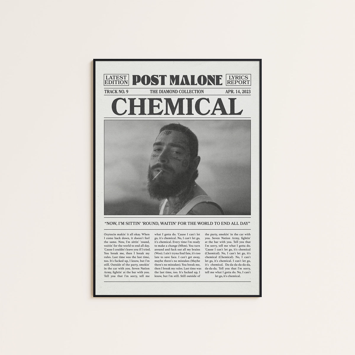 Post Malone Chemical newspaper poster — black frame display