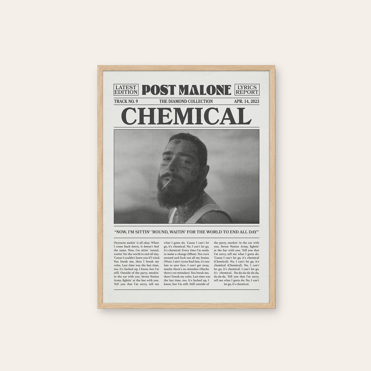 Post Malone Chemical newspaper poster — natural wood frame