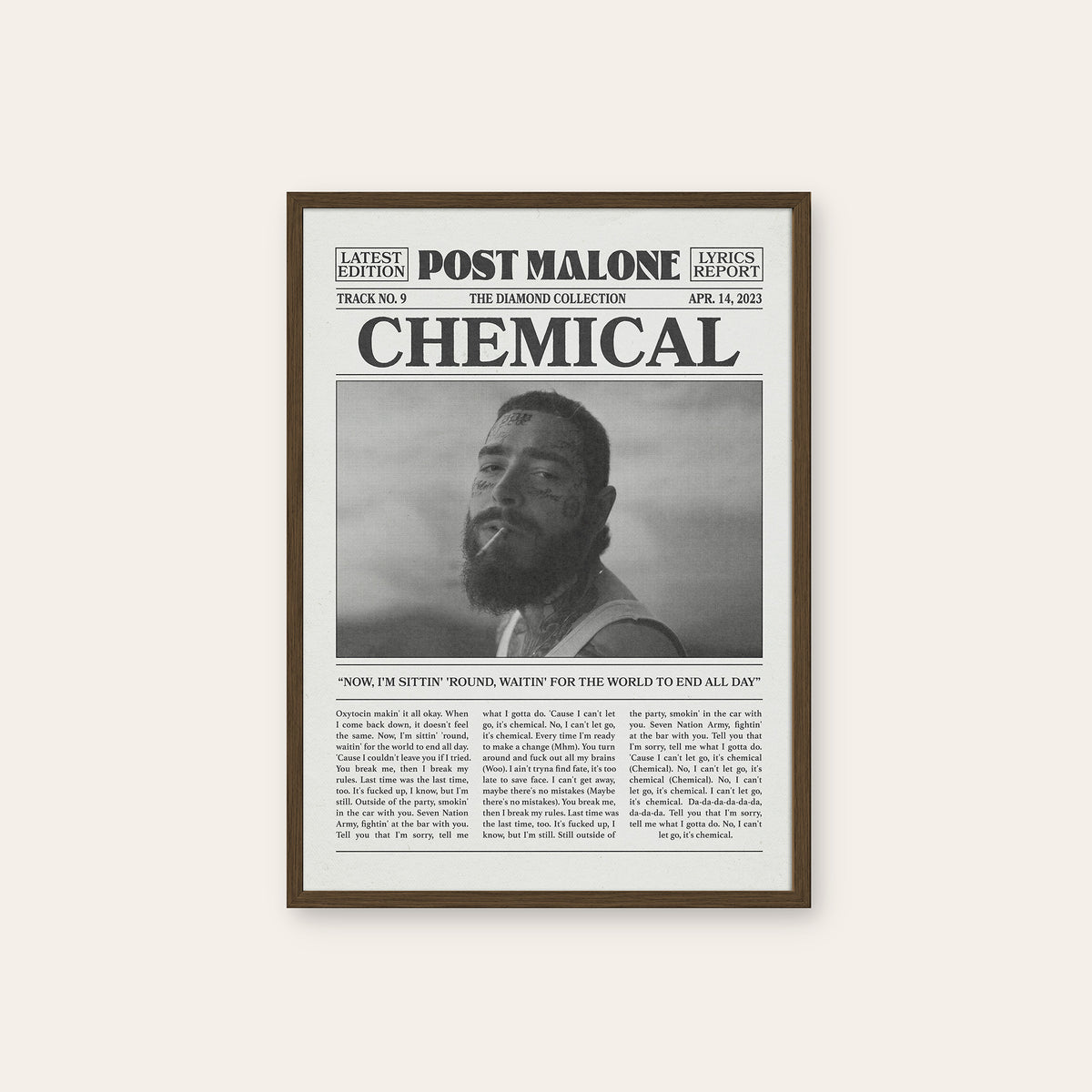 Post Malone Chemical newspaper poster — dark wood frame