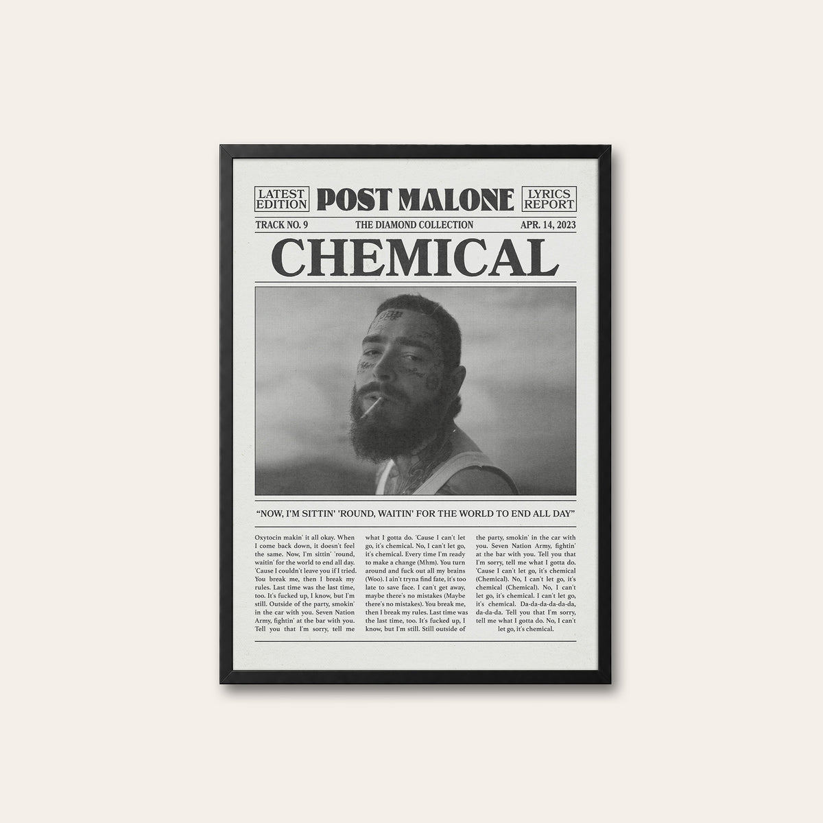 Post Malone Chemical newspaper poster — black frame