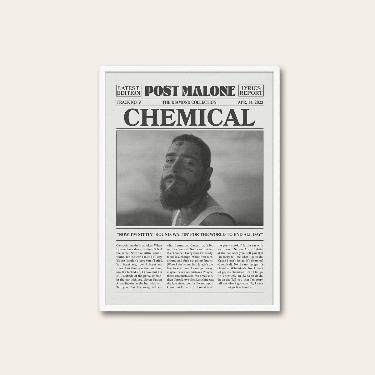 Post Malone Chemical newspaper poster — white frame