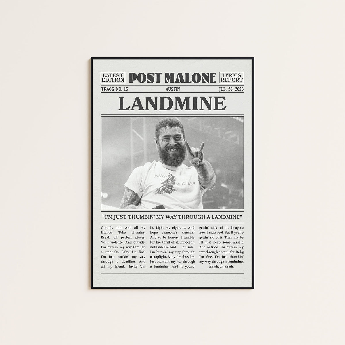 Post Malone Landmine newspaper poster — black frame display