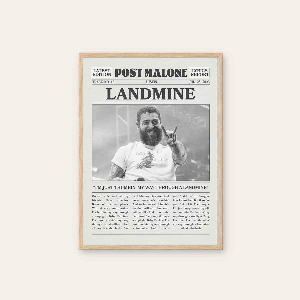 Post Malone Landmine newspaper poster — natural wood frame