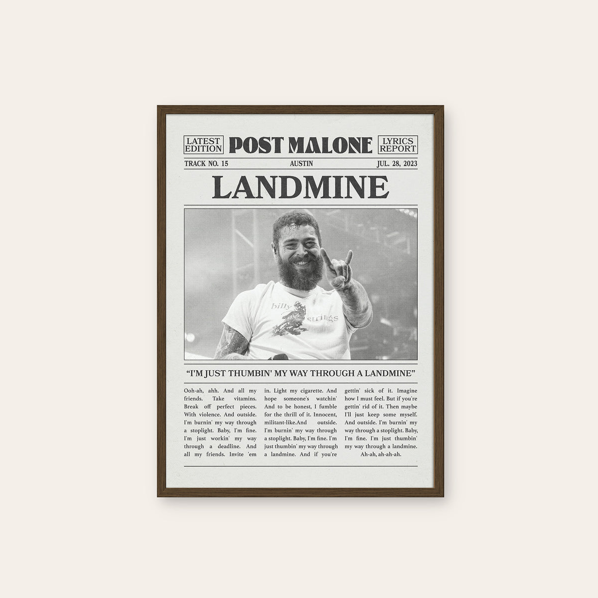 Post Malone Landmine newspaper poster — dark wood frame