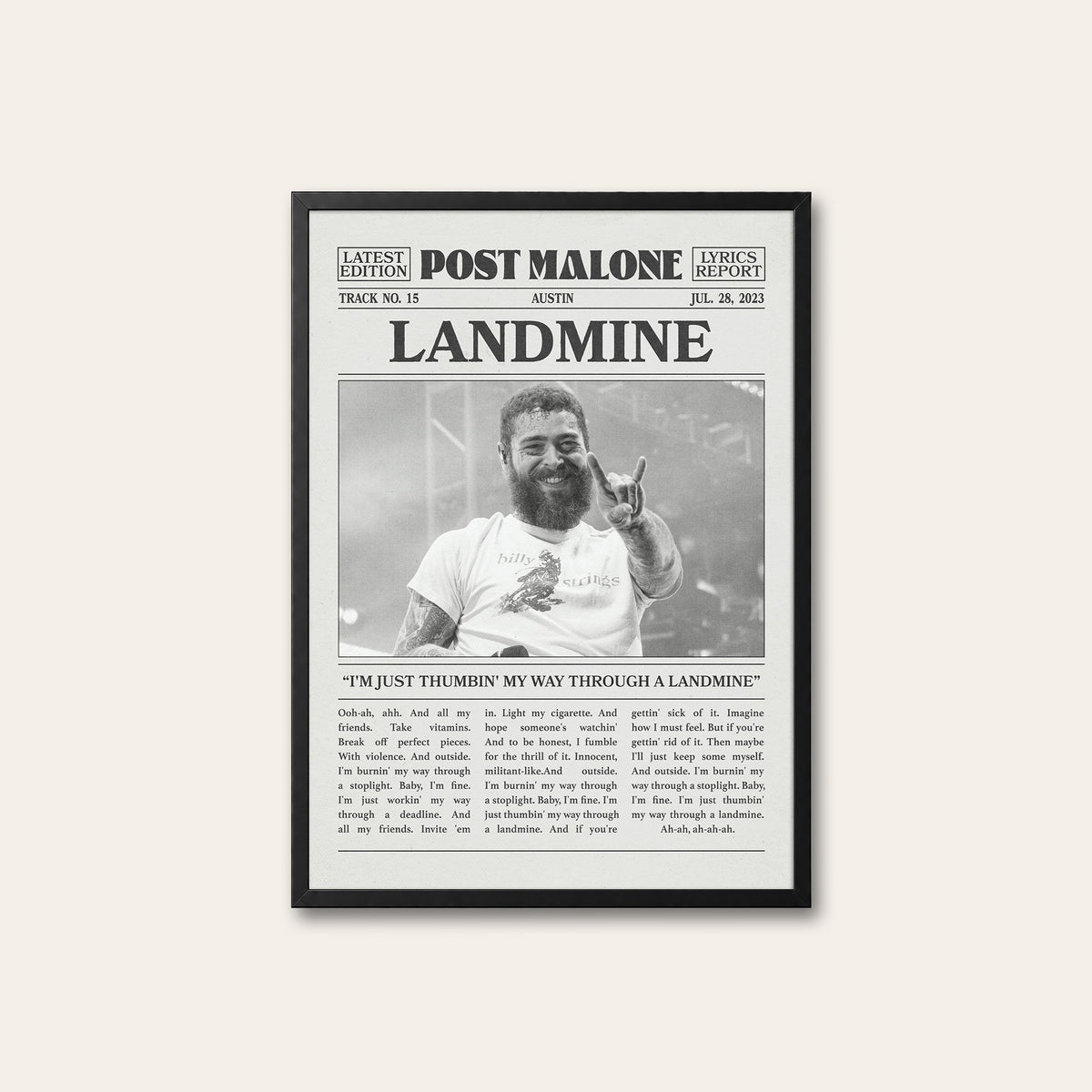Post Malone Landmine newspaper poster — black frame
