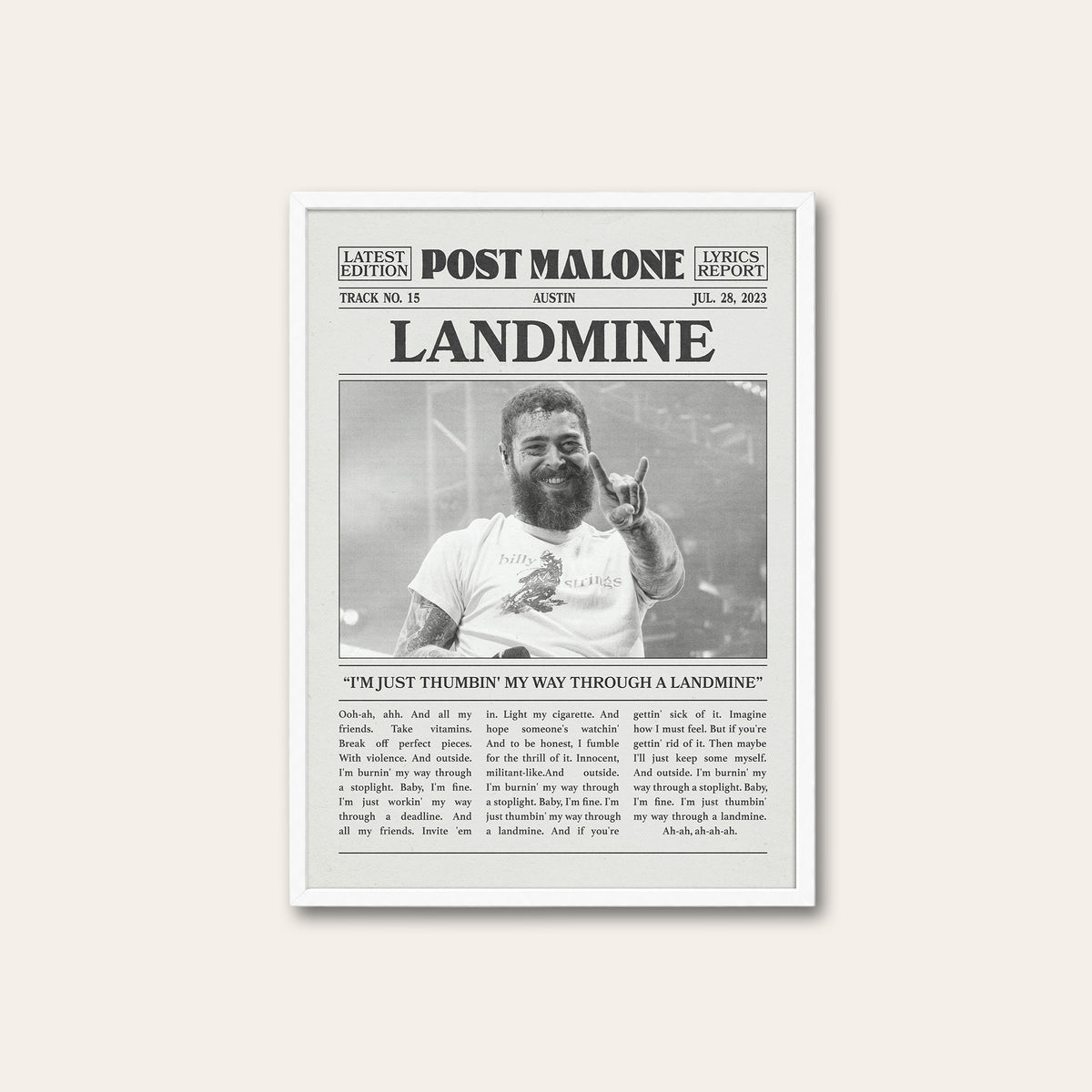 Post Malone Landmine newspaper poster — white frame