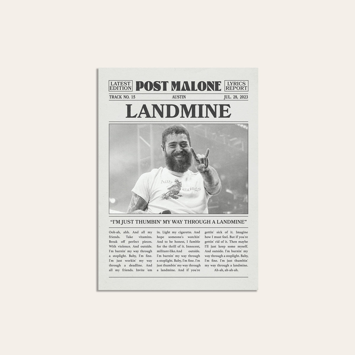 Post Malone Landmine newspaper poster — unframed print