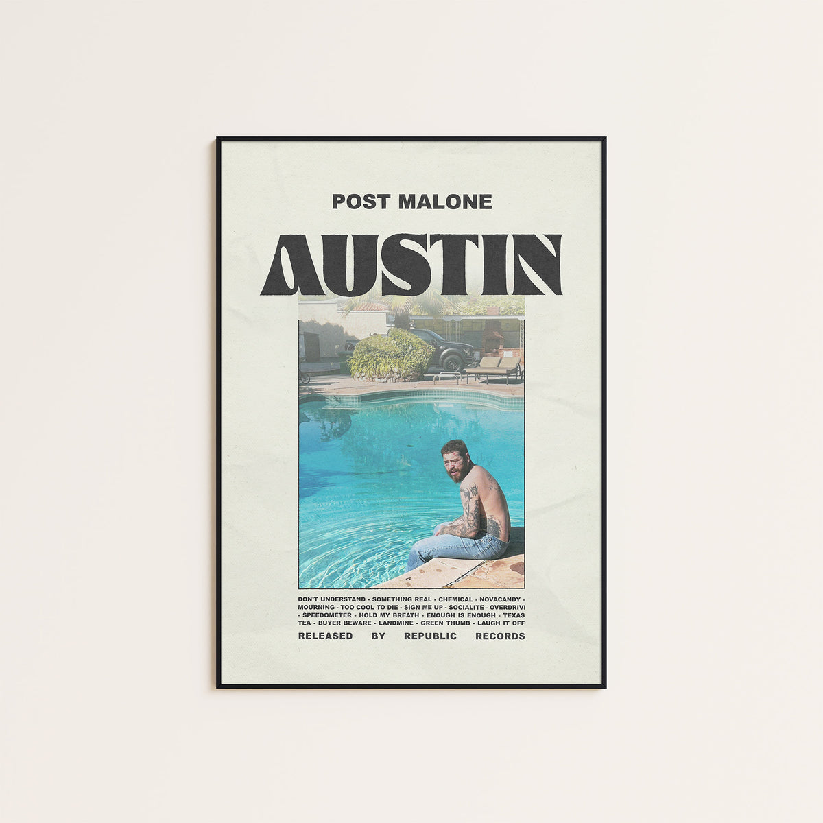 Post Malone Austin album poster — black frame display