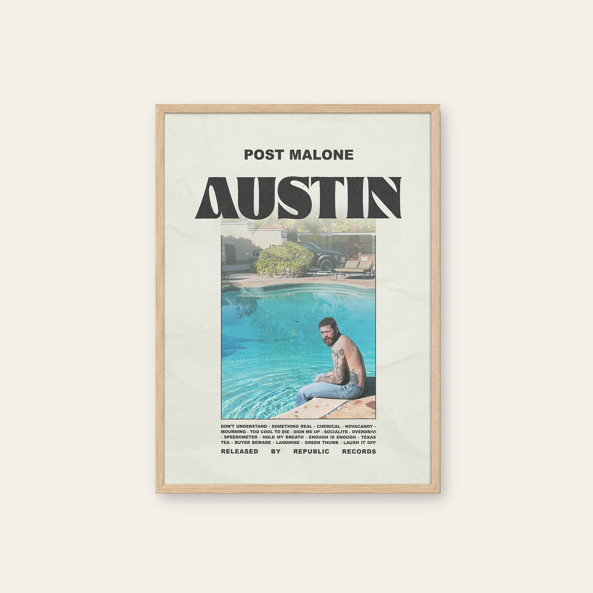 Post Malone Austin album poster — natural wood frame