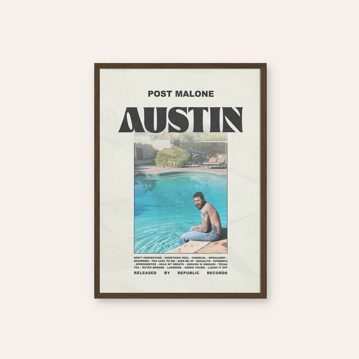 Post Malone Austin album poster — dark wood frame