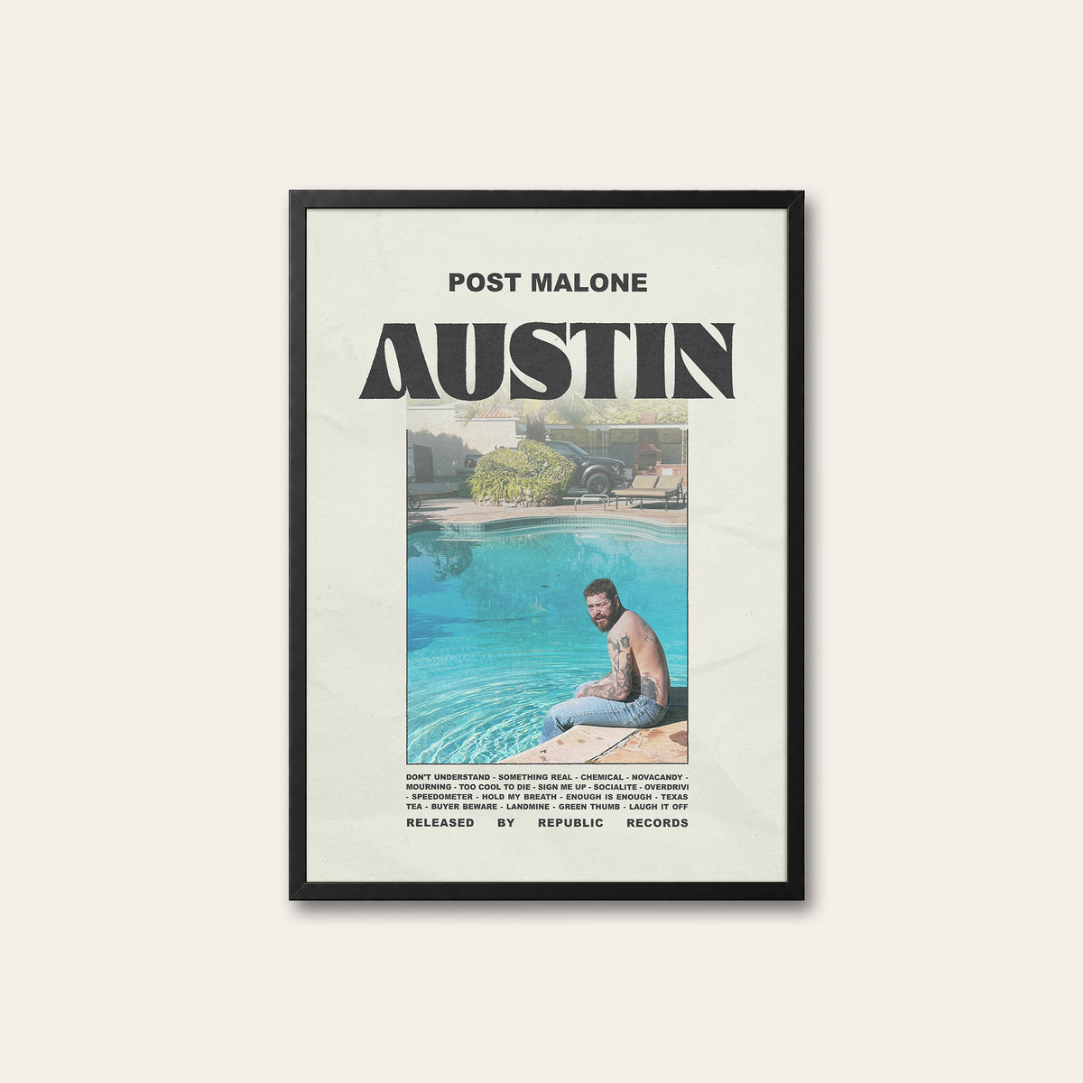 Post Malone Austin album poster — black frame