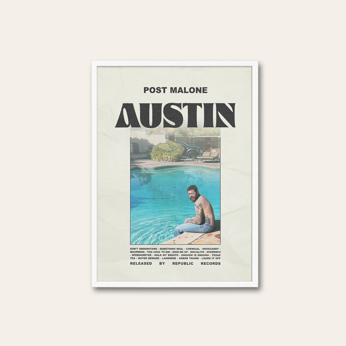 Post Malone Austin album poster — white frame