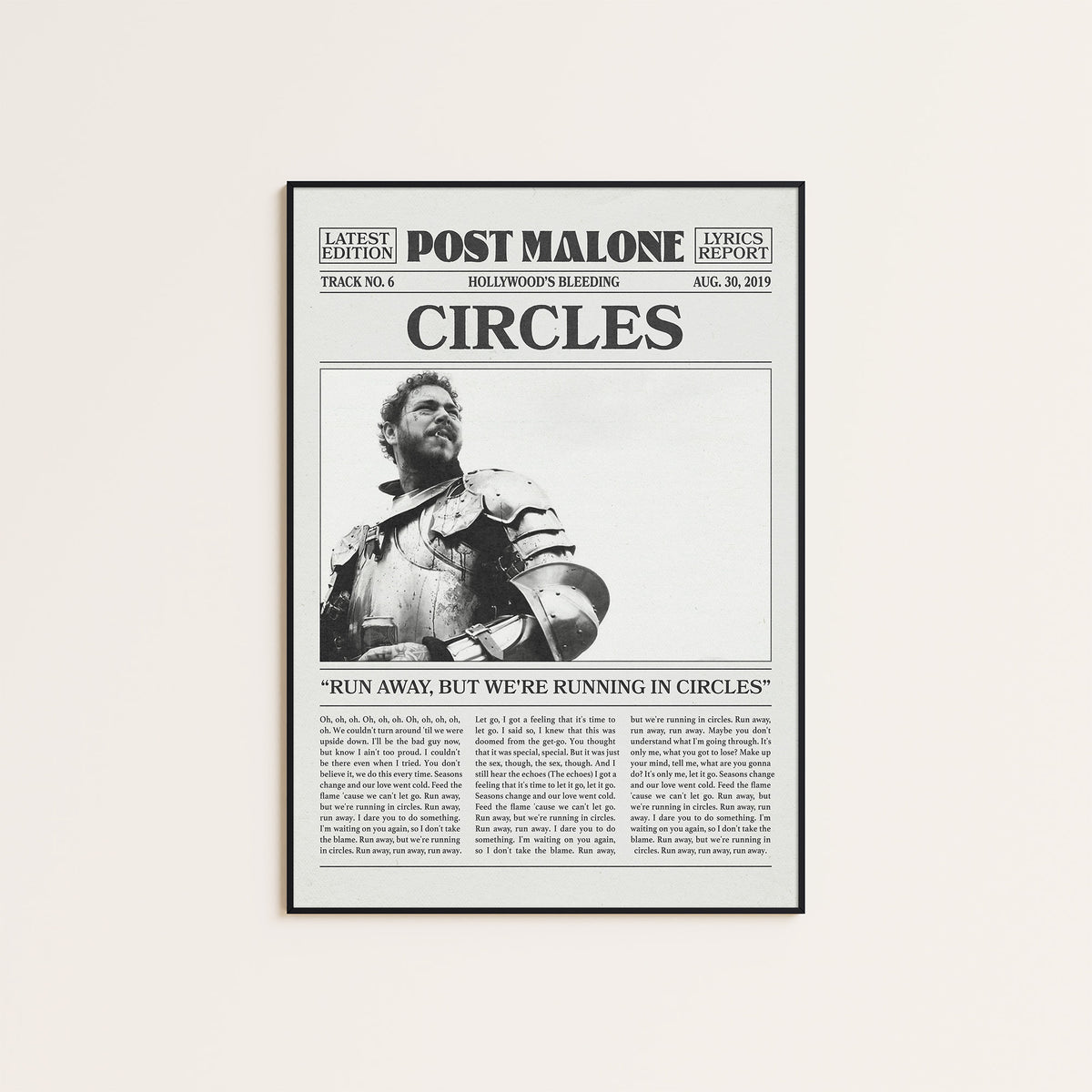 Post Malone Circles newspaper poster — black frame display