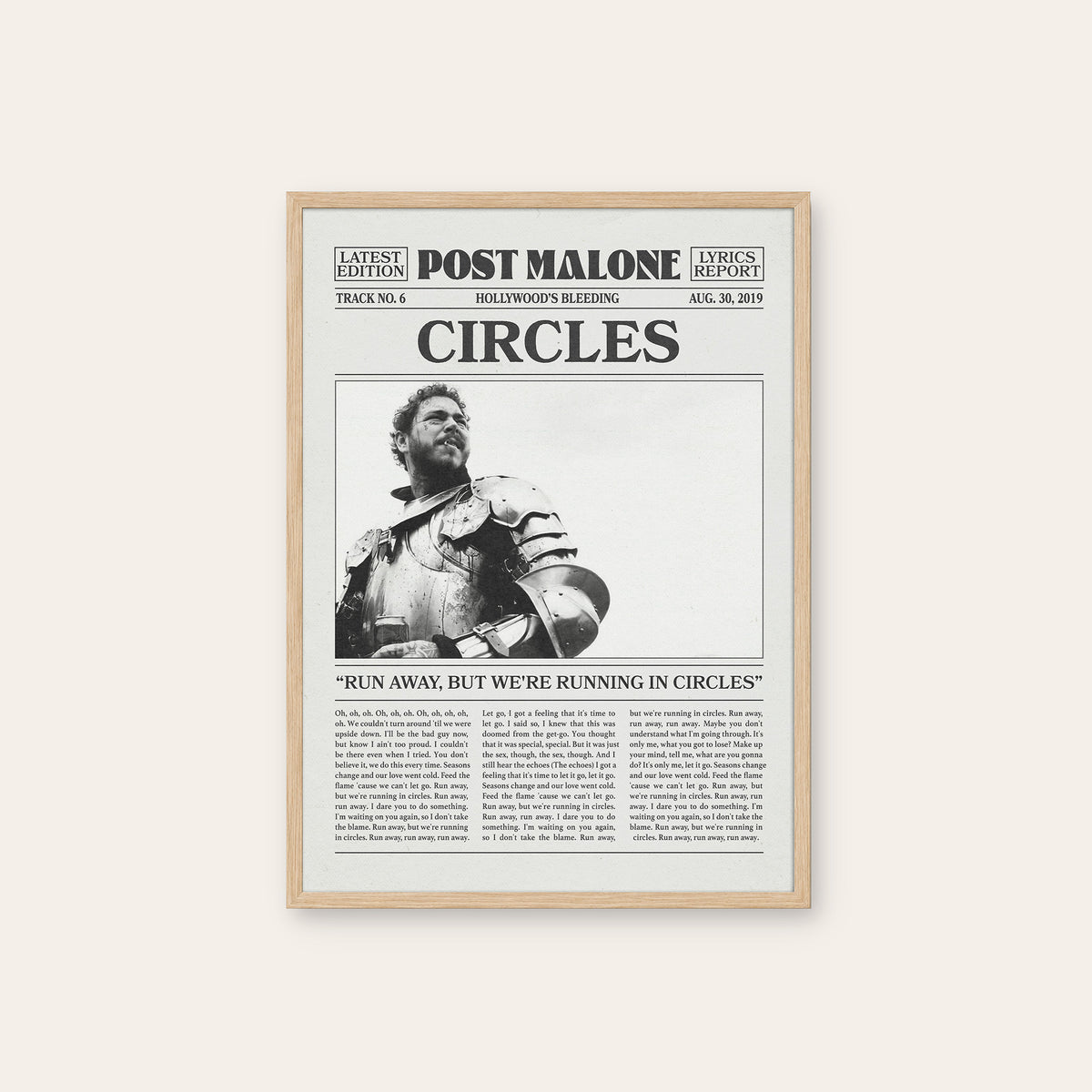 Post Malone Circles newspaper poster — natural wood frame
