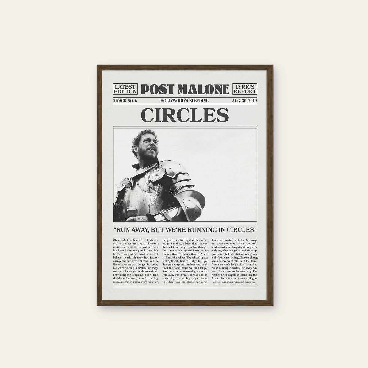 Post Malone Circles newspaper poster — dark wood frame