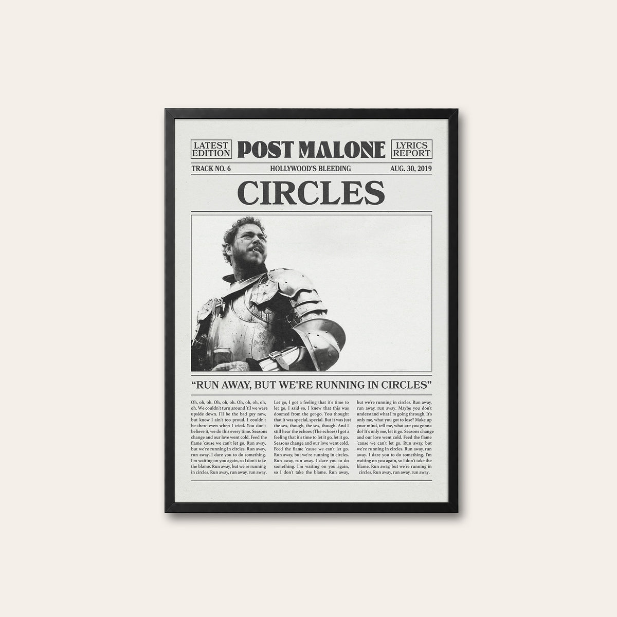 Post Malone Circles newspaper poster — black frame