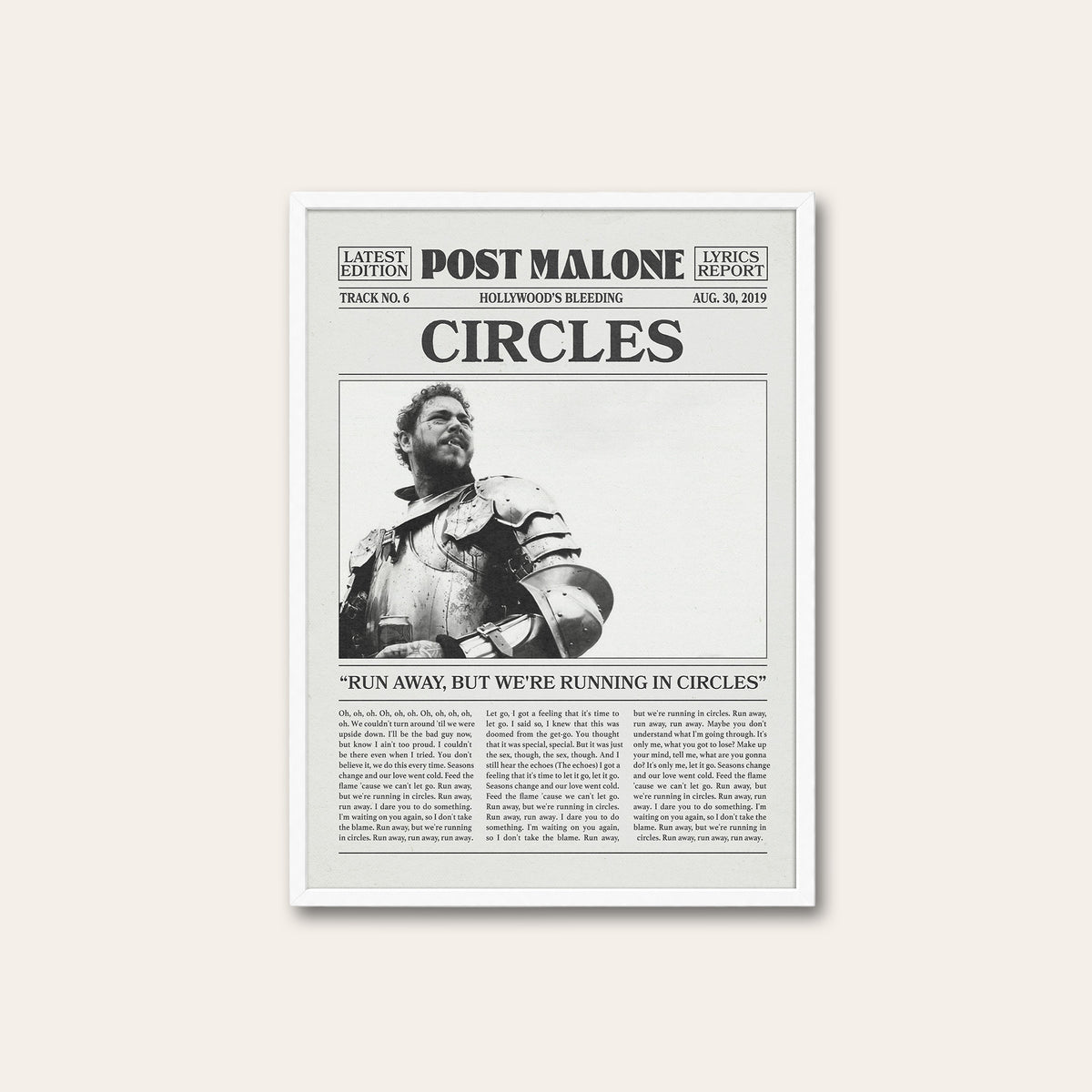 Post Malone Circles newspaper poster — white frame