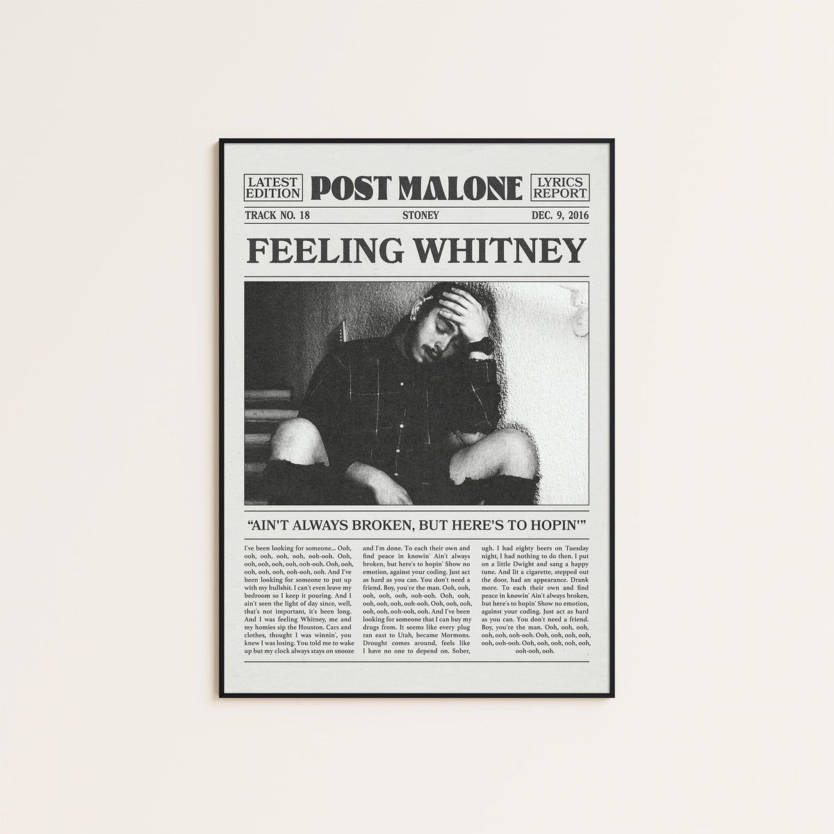 Post Malone Feeling Whitney newspaper poster — black frame display