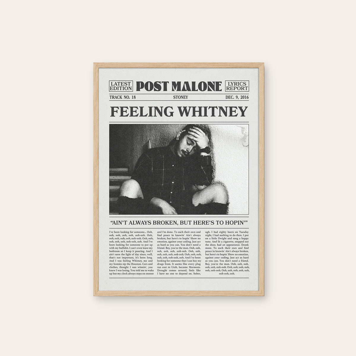 Post Malone Feeling Whitney newspaper poster — natural wood frame