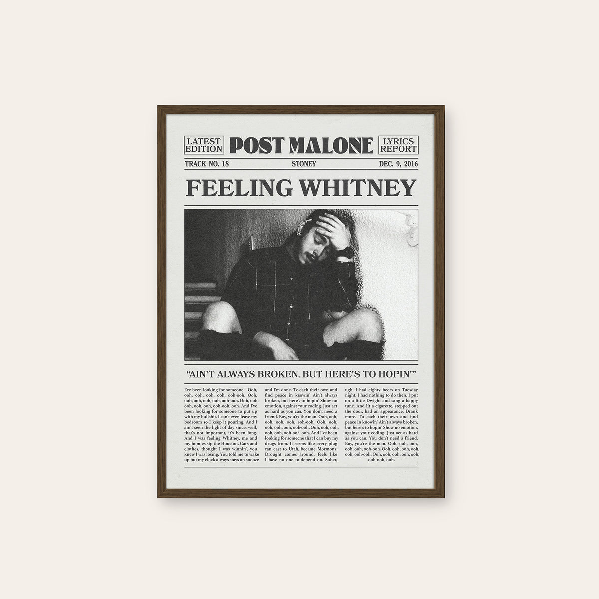 Post Malone Feeling Whitney newspaper poster — dark wood frame